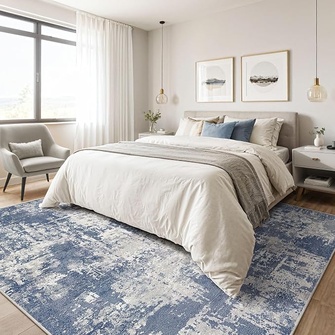 7x9 Area Rug Living Room: Washable Large Abstract Modern Soft Rug Stain Resistant Indoor Floor Non Slip Accent Carpet for Bedroom Nursery Playroom Dining Room Office Dorm Home House- Navy Grey