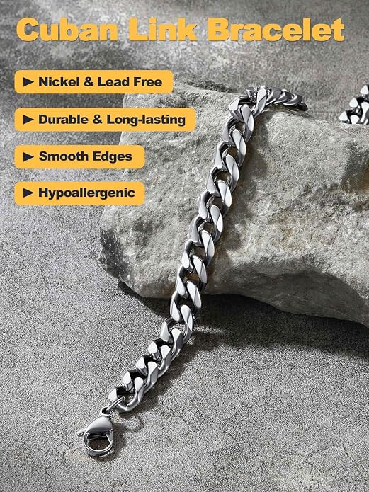 U7 Link Bracelets for Men, Cuban Link/Rope/Watch Band Solid Bracelet, Silver Black Gold Color Wrist Bracelet 3/6/9/12/15mm Width, 6.5/7.5/8.3 Inch Length, Hand Chain Jewelry for Mens Women