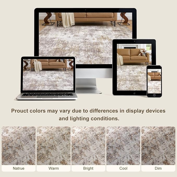 12x15 Area Rugs for Living Room, 12x15 Rug Washable High-Low Pile | Neutral Modern Abstract Carpet, Non Slip Lightweight Soft Made for Dining Room, Home Office Indoor Decor - Gold Brown