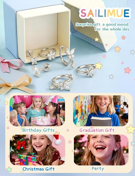 SAILIMUE Hypoallergenic Flat Back Earrings for Girls Women - Cute Toddler Kids Earrings Set Surgical Stainless Steel Earring for Sensitive Ears Small 14K Gold Plated Stud Hoop Earring Stacks