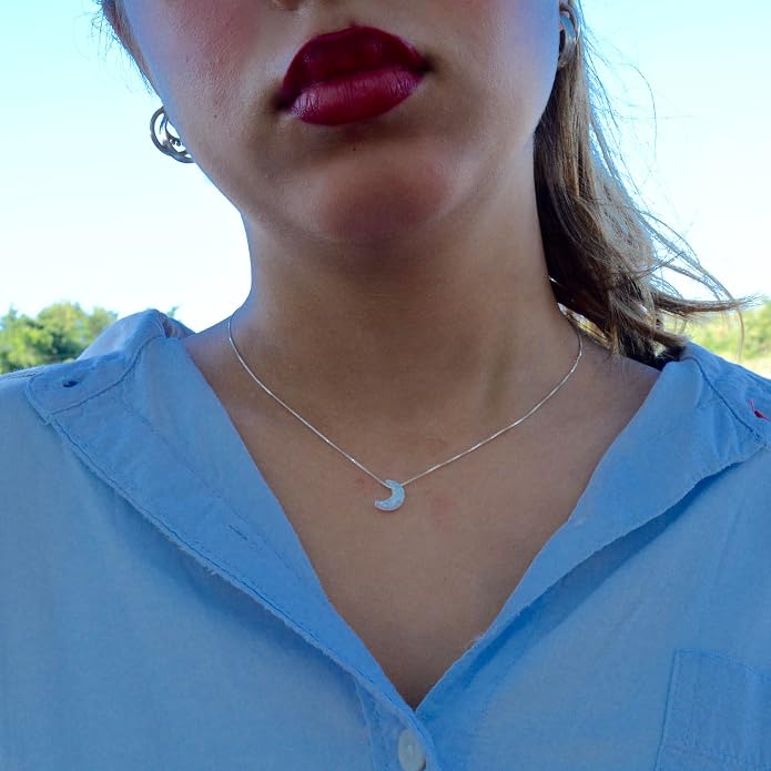 AVNIS White Opal Moon Necklace Crescent Moon Choker Jewelry, Dainty Box chain Length 16+2 Inches extender Gift for Girl Women