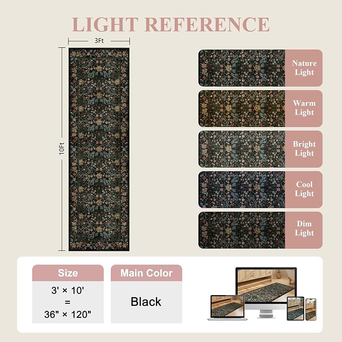 DUKINO 3x10 Runner Rug, Washable Vintage Floral Kitchen Rug Non Slip, Black | Low Pile, Non-Shedding, Stain Resistant, Boho Soft Carpet Runner for Hallway, Bathroom, Beside, Laundry, Bedroom, Entryway