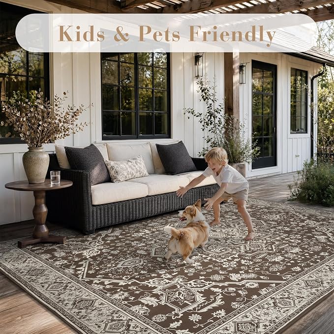 AMOAMI-Outdoor Rug-Patio Rug 8x10 ft Quick Dry Flatweave Textured Machine Washable Outdoor Carpet with Rubber Particles Backing Vintage Outdoor Area Rug for Patio Deck Front Porch Balcony Brown