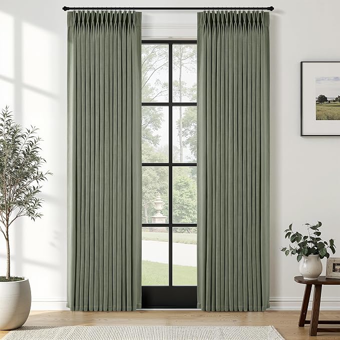 Sage Green Pinch Pleated Linen Curtains 84 Inches Long for Living Room Bedroom with Rings Hooks Clips Back Tab Semi Sheer Curtains Light Filtering Boho Farmhouse Drapes Light Green