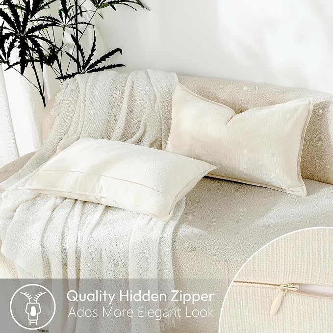 Stellhome Set of 2 Super Soft Textured Decorative Pillow Covers Lumbar Chenille Throw Pillow Covers Accent Solid Cushion Cover for Couch Sofa Bedroom Living Room 12x20 Inch, Cream White
