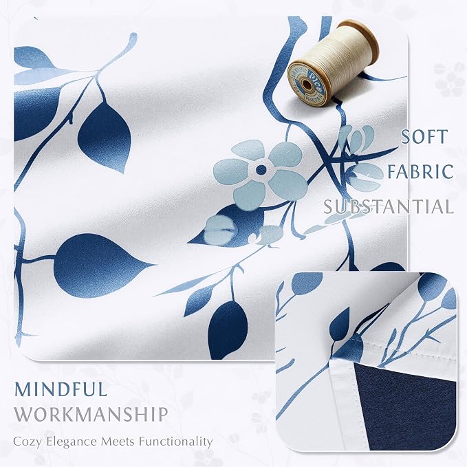 Beauoop Floral Valance Curtains for Kitchen Navy Blue 52X18 Inch 1 Panel | Flower Patterned Navy White Blackout Short Curtains for Living Room Bedroom Cafe Thermal Small Window Curtains Rod Pocket