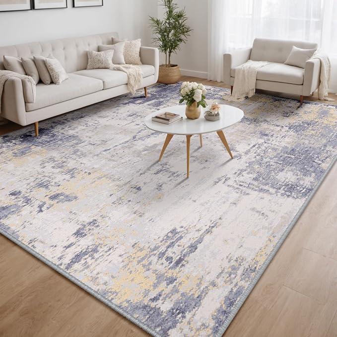 RELEANY Washable Area Rugs 8'x10' Non-Slip Modern Abstract Soft for Living Room Entryway Bedroom Kitchen, Print Pattern, Purple Grey Cream Yellow