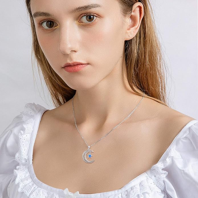 TRISHULA Moon Star Necklace, 925 Sterling Silver Crescent Moon Sun Pendant with Moonstone Crescent Jewelry Gift for Her Sister Birthday Christmas
