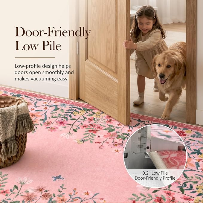 Wonnitar 6x9 Washable Area Rug, Pink Floral Rug for Girls Bedroom, Boho Botanical Nursery Rug, Non Slip Low Pile Living Room Carpet, Vintage Flower Dorm Decor (6x9 Pink)