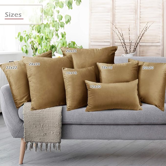 Nestl Throw Pillow Covers, Cozy Velvet Decorative Pillow Cases 24 x 24 Inches, Soft Solid Couch Pillow Covers for Sofa, Bed and Car, Set of 2 - Mocha Light Brown