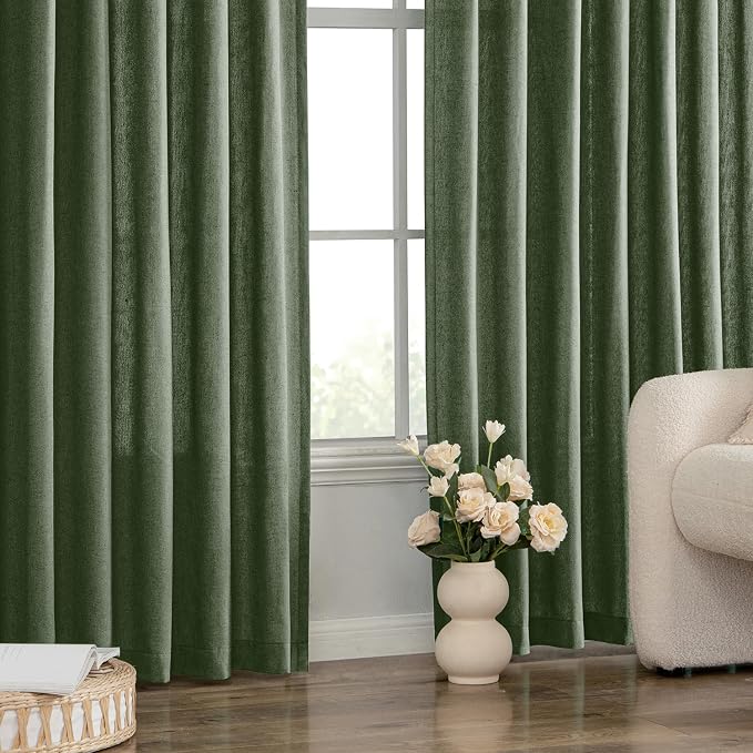 MIULEE Non-See-Through Privacy Linen Curtains 52Wx108L Inch Dark Green | 2 Panels, Light Filtering, Semi Sheer Window Curtains, Farmhouse Textured, Back Tab Drapes for Bedroom Living Room