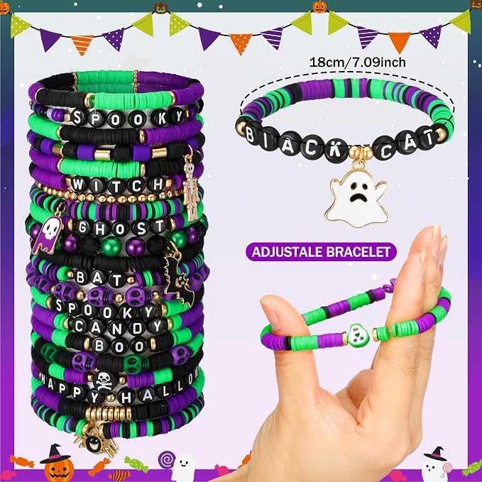 Landical 64 Pcs Halloween Bracelets Bulk for Women Vinyl Disc Clay Party Favor Bracelet Pack Halloween Beaded Accessories Jewelry for Goody Bag Fillers Party Supplies