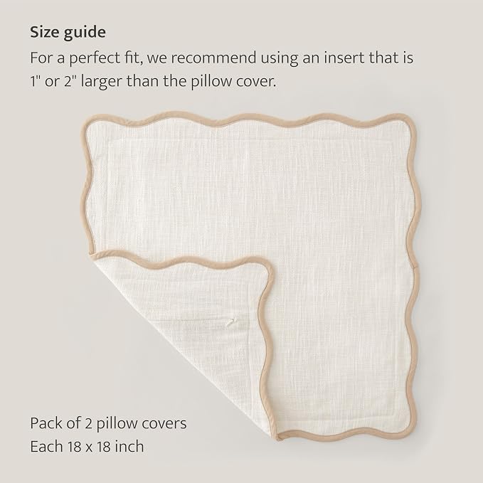 Double Stitch Scalloped Throw Pillow Covers - 100% Cotton Set of 2 Decorative Boho Pillow Covers 18 x 18, Made in India, Square Cushion Case, Modern Home Decor for Couch Sofa Living Room, Cream