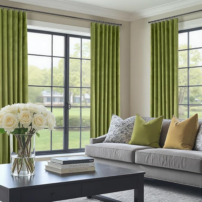 Avocado Lime Moss Green Curtains 108 Inches Long for Living Room Patio Door 2 Panels Luxury Velvet Room Darkening Floor Ceiling Drapes Thermal Insulated Curtain for Bedroom Earthy Room Decor Aesthetic