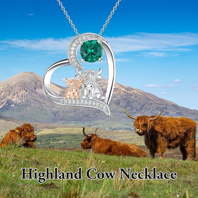 Highland Cow Gifts for Women 925 Sterling Silver Highland Cow Birthstone Necklace Fluffy Cow Jewelry Gifts Birthday Christmas