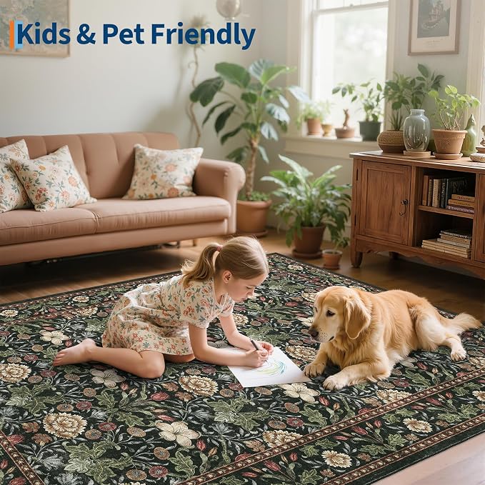 GarveeHome Washable Area Rug 6x9, Soft Vintage Floral Bedroom Rug Non Slip Low Pile Forest Green Carpet Stain Resistant Throw Rug for Bedside Kids Room Office Dining Room