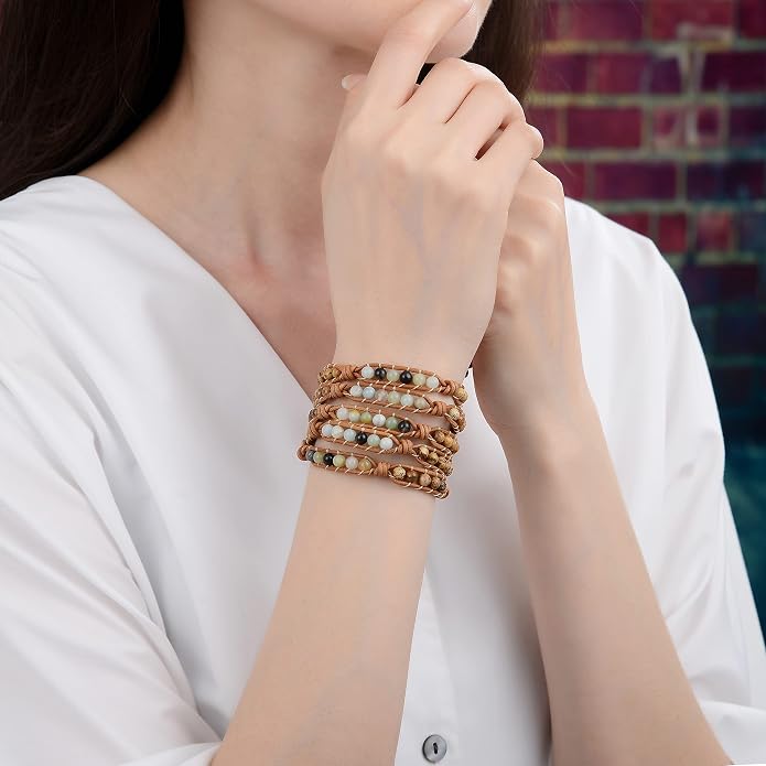 MGR MY GEMS ROCK! 35-Inch Long Multi-Layer Hand Crafted Gemstone and Crystal Multi-Stone Beaded on Genuine Leather Boho Style Stackable Super Wrap Bracelet, up to 5 Wraps.