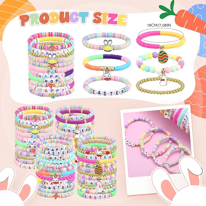 Equsion 100 Pcs Preppy Friendship Bracelets for Women Heishi Surfer Clay Stackable Bead Easter Boho Y2k Bracelets Gifts