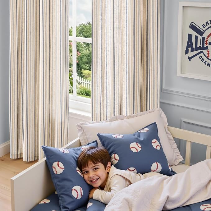 Vangao Linen Stripe Nursery Curtains for Kids Tickingstripe Light Filtering Window Curtains Colorful Pinstripe Printed Drapes 84 Inches Long for Living Room Girls Bedroom Colorful Blue 2 Panels