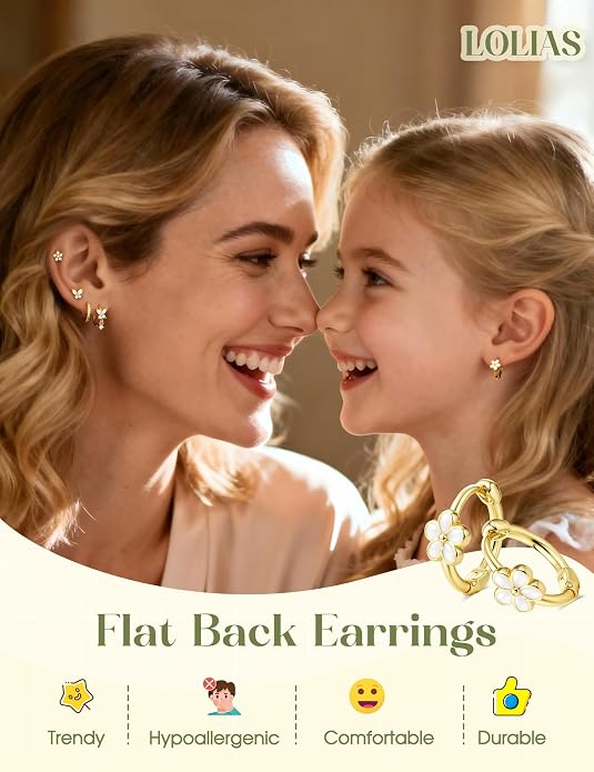 LOLIAS Hypoallergenic Flat Back Earrings for Women Girls-Cute Toddler Kids Teen Girls Earring Set-Surgical Steel Earrings for Sensitive Ears-14K Gold Plated Stainless Steel Flatback Studs Screw Back Small Hoop Cartilage Earring Stacks
