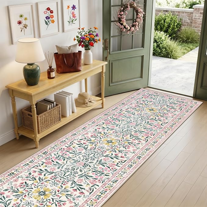 Runner Rug for Entryway: 2.6x14 Kitchen Rugs Non Slip Washable Ultra-Thin Soft Floral Carpet Indoor Floor Stain Resistant Carpets for Hallway Bedroom Kitchen Laundry Bathroom Dorm Pink/Green