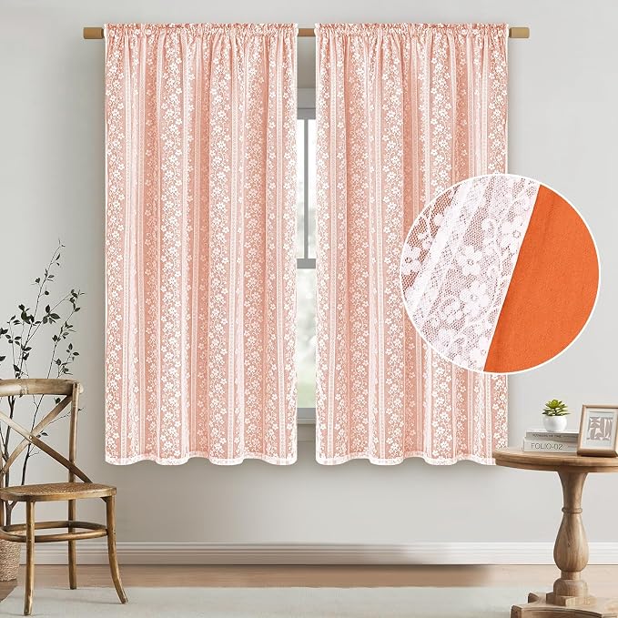 ASPMIZ Linen Curtains for Living Room Double Layers Curtains for Bedroom Farmhouse Window Curtain with Linen Lace, Light Filtering Curtain 63 Inch Length, Rod Pocket Drapes with 2 Tiebacks, Orange