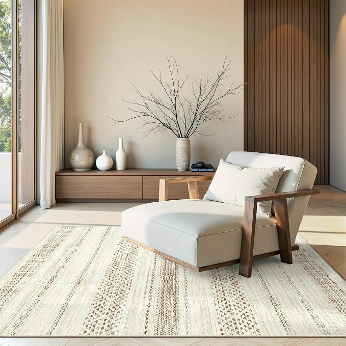 Miukiki 4x6 Area Rug for Living Room Moroccan Washable Rugs Non Slip Indoor Floor Carpet Foldable Large Soft Area Rug for Dining Room Bedroom with Low Pile(Brown,4'x6')