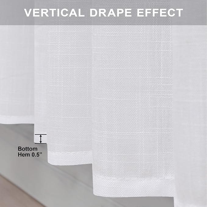 Pitalk White Curtains 38 Inch Width for Kitchen Windows 2 Panel Back Tab Rod Pocket Linen Cafe Tier Light Filtering Short Sheer Curtains for Bathroom Laundry Basement Farmhouse Decor Wide 38x45 Length