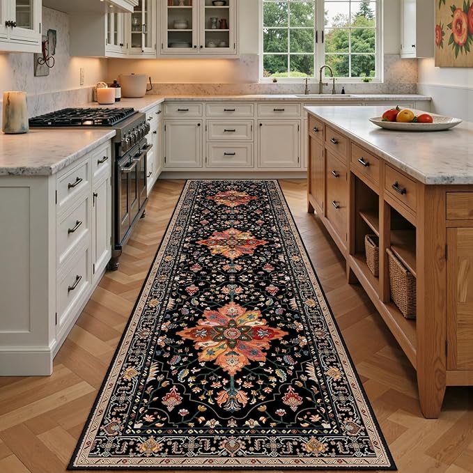 RELEANY Washable Area Rug, Runner 3'x9', Black/Colorful | Non-Slip, Water Repellent, Pet Friendly, Easy to Clean, Vintage Floral Boho Decor for Kitchen Hallway Bedroom Laundry