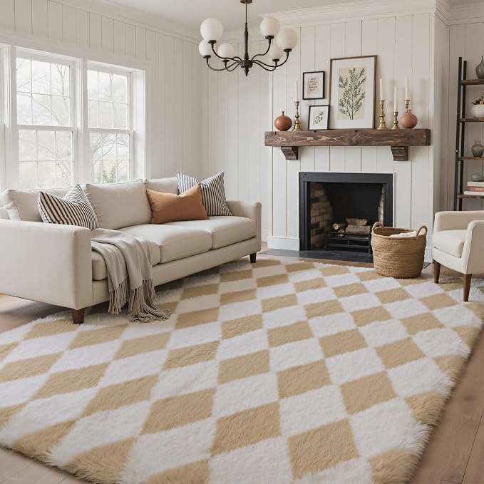 GENIMO Checkered Rug 8x10 Area Rugs for Kids Bedroom Soft Shag Rug Fluffy Fuzzy Carpet Plush Rugs for Living Room Nursery Playroom Dorm Modern Home Decor Aesthetic, Beige and White