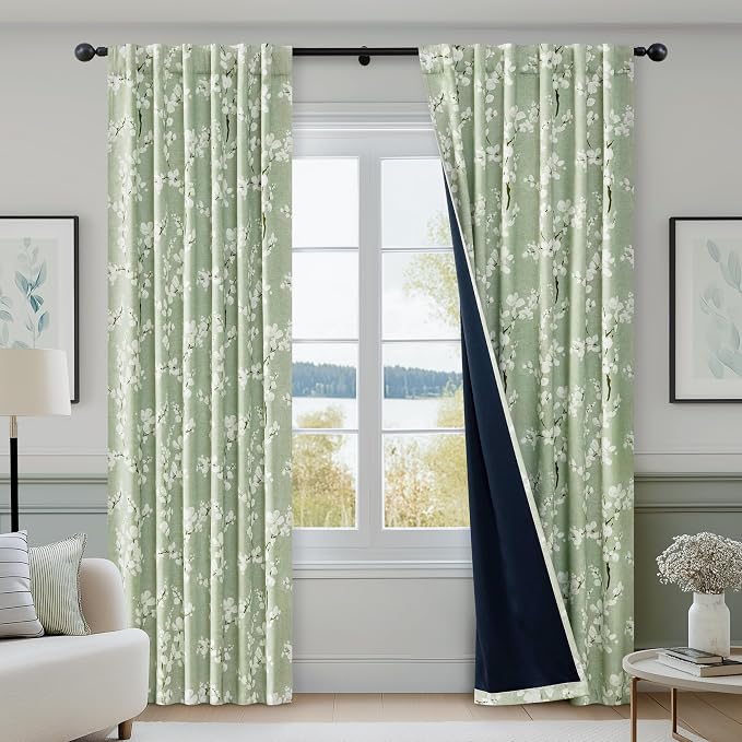 FMFUNCTEX 100% Blackout Green Floral Curtains 63 Inch Rod Pocket 2 Panels | Black Out Drapes, Thermal Insulated Cottage Farmhouse, Blossom Flower Patterned Curtain for Bedroom, Living Room Darkening