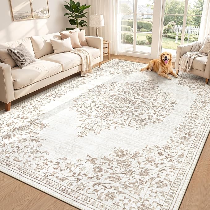 Area Rug 6x9 Vintage Rug: Washable Indoor Medallion Rugs Low Pile Distressed Floor Carpet Retro Accent Rug for Living Room Bedroom Kitchen Dining Table Home Office(Vintage Beige, 6'x9')