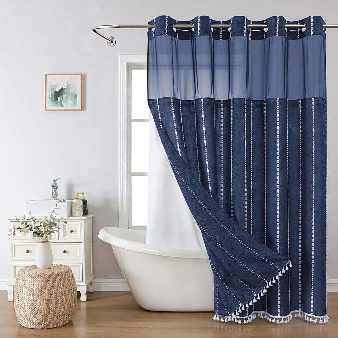 eachope No Hook Extra Long Shower Curtain Set with Snap-in Liner,Linen Textured Thick Striped Fabric with Tassels,Boho Chic Modern Farmhouse Bathroom Curtain,Water-Repellent,Navy Blue,71x86