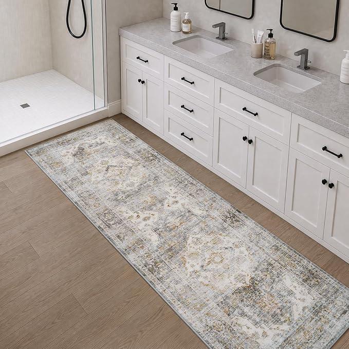 AMOAMI-2X6 Runner Rug-Washable Runners for Hallways-Soft Non Slip Bedside Rugs for Bedroom-Vintage Long Rug for Hallways Entryway Laundry Room Stair Kitchen Bathroom Grey