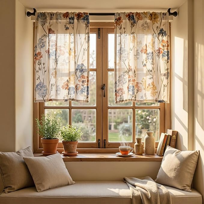 MYSKY HOME Floral Linen Kitchen Tier Curtains 36 Inch Length 2 Panels Farmhouse Light Filtering Privacy Small Window Treatments Rod Pocket for Bathroom Basement, Yellow, 30" Wide
