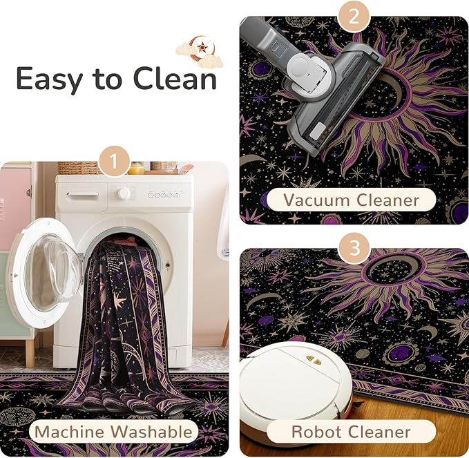 Vacuum-Friendly, Round 4ft Washable Area Rug, Black Purple Beige | Sun and Moon Boho Gothic Non-Slip Low Pile Living Roon Bedroom Dining Room Kitchen Entry Entryway Entrance Hallway Doormat