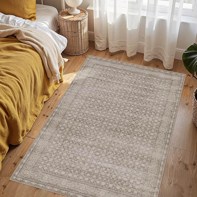Rugxara 3x5 Washable Entryway Rug, Non Slip Boho Runner Rugs for Hallway, Entrance, Kitchen, Bathroom, Laundry Room, Soft Entryway Carpet, Throw Low Pile Retro Imitation Wool Carpet, Apricot