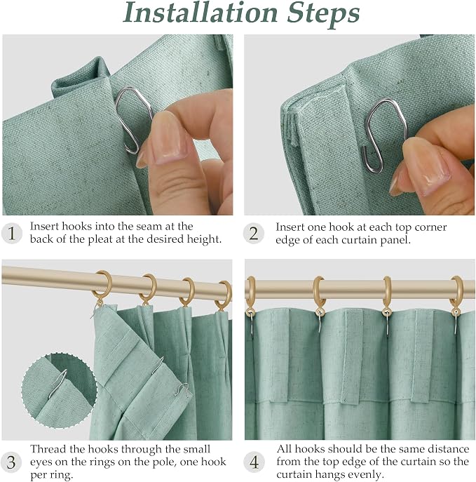 Aersas Aqua Green Pinch Pleated Linen Curtains 90 Inch Length 2 Panels for Living Room Bedroom Semi Sheer Window Curtain Boho Neutral Back Tab Pinch Pleat Drape with Hooks 40x90