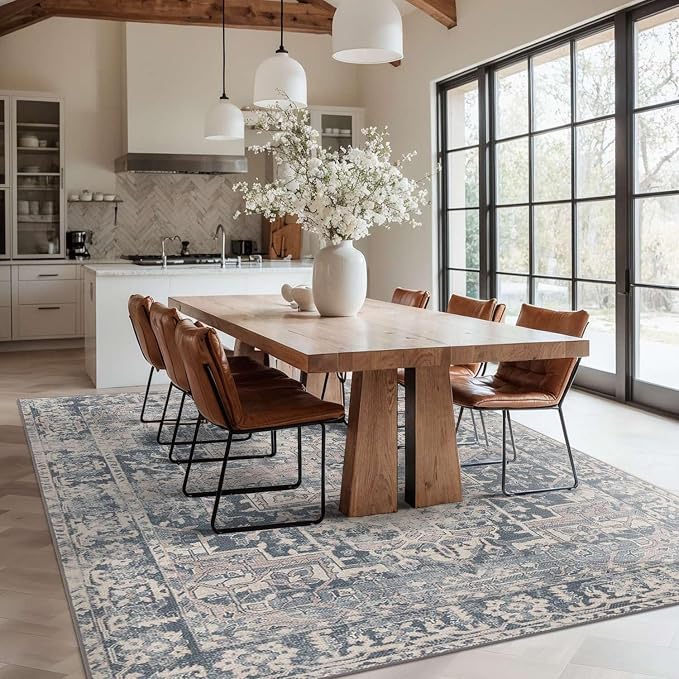 Rugxara Blue 6x9 Area Rugs Washable Rug for Living Room Dining Room Bedroom | Non Slip, Rug for Office Farmhouse Kids Room, Stain Resistant, Soft, Low Pile, Vintage Boho Floral Retro Carpet, Home Decor