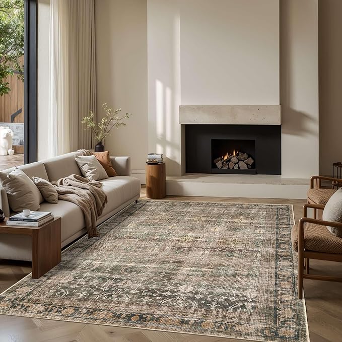 Rugxara Brown 6x9 Area Rugs Washable Rug for Living Room Dining Bedroom | Non Slip, Rug for Office Farmhouse Kids Room, Stain Resistant, Soft, Low Pile, Vintage Boho Floral Retro Carpet, Home Decor