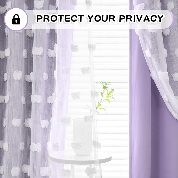 MYSKY HOME Purple Blackout Curtains for Sliding Door White Sheer Pom Pom Curtains for Living Room Double Layer Window Panels Room Darkening Curtain Drapes Back Tab, Set of 2, W52 X L102