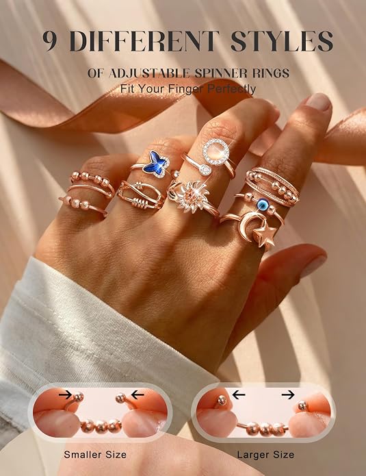 FIBO STEEL 9 Pcs Fidget Anxiety Rings for Women Men Spinner Rings for Anxiety Relieving Stress Open CZ Flower Moon Star Anti Rotatable Rings Adjustable