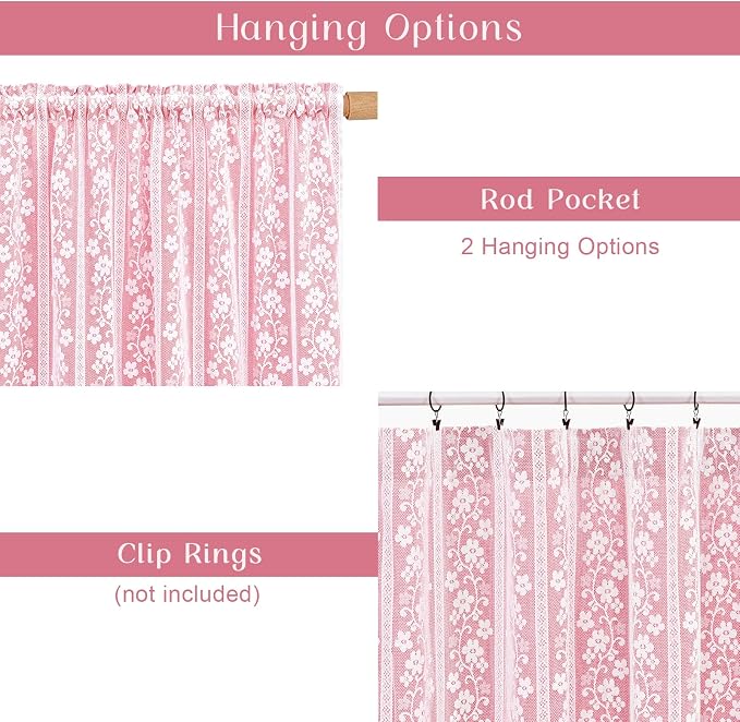 ASPMIZ Pink Valances for Windows Farmhouse Valance Curtains for Kitchen, Double Layer Kitchen Curtains with Linen Lace, Rod Pocket Window Valances for Small Window, Cafe, Bathroom, Living Room, 52x18