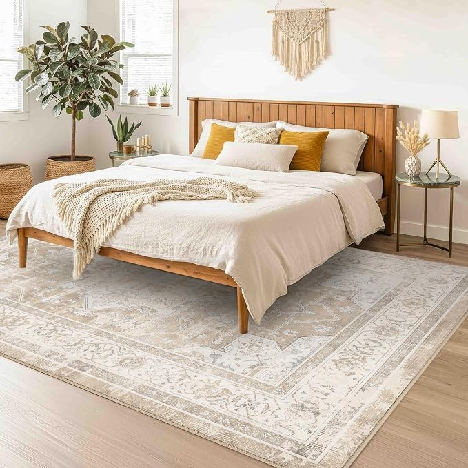 4x6 Area Rug for Living Room-Vintage Farmhouse Boho Floral Neutral Washable Stain Resistant Indoor Carpet for Bedroom Office and Home Decor(Beige&Brown)
