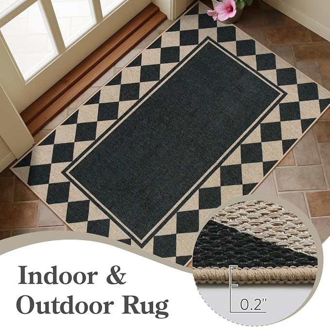 Moynesa Checkered Easy Jute Outdoor Patio Rug 3x5, Washable Indoor Outdoor Rugs for Entryway Non Slip, Farmhouse Carpet for Living Room Bedroom Kitchen Backyard Porches, Black Grid Pattern