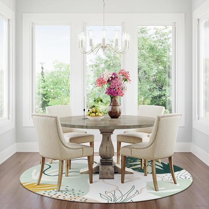 Lahome Green Round Area Rugs 5Ft - Washable Large Boho Round Rug for Living Room Non-Slip Throw Circle Rug for Dining Room Table,Soft Cute Botanical Print Floor Mat Carpet for Bedroom Office Bathroom