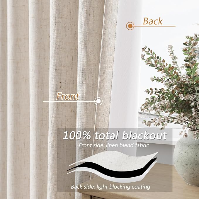 Guken 100% Blackout Linen Curtains 108 Inch Length 2 Panels Set for Living Room Bedroom Back Tab Thermal Insulated Black Out Drapes Room Darkening Farmhouse Style for Bedroom Window Curtains