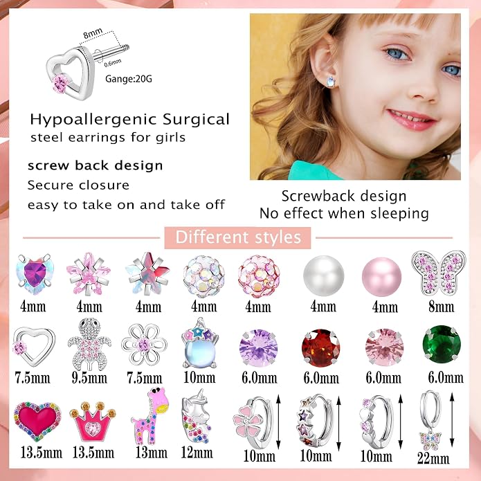 24 Pairs Stainless Steel Flat Back Earrings Set -Secure and Comfortable Screwback Earrings with Diverse Designs, Perfect for Multiple Piercings and Everyday Wear