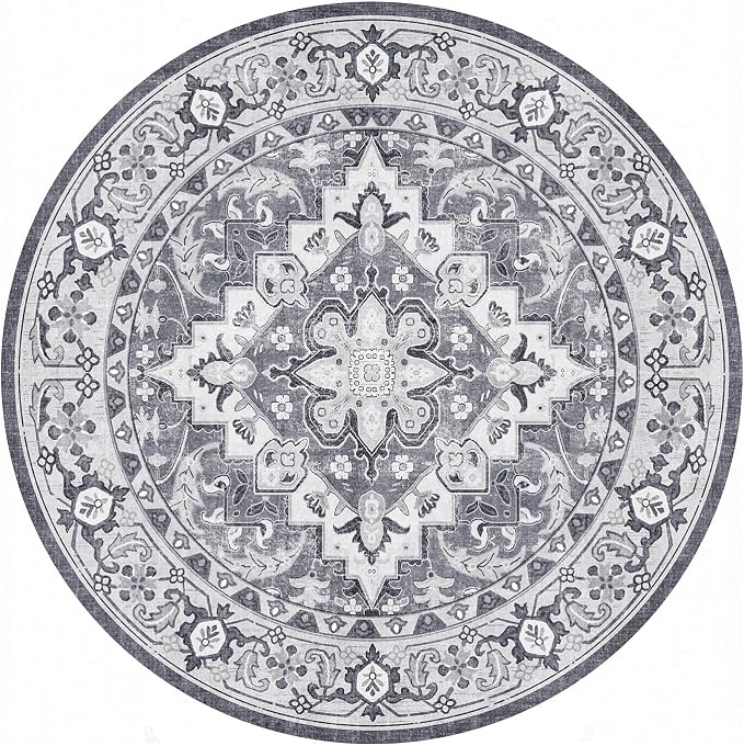 Lessymo 4FT Washable Round Area Rugs for Living Room, Non Slip Circle Rugs Low Pile Vintage Carpet for Bedroom, Dining Room, Nursery, Home Office, Grey Beige