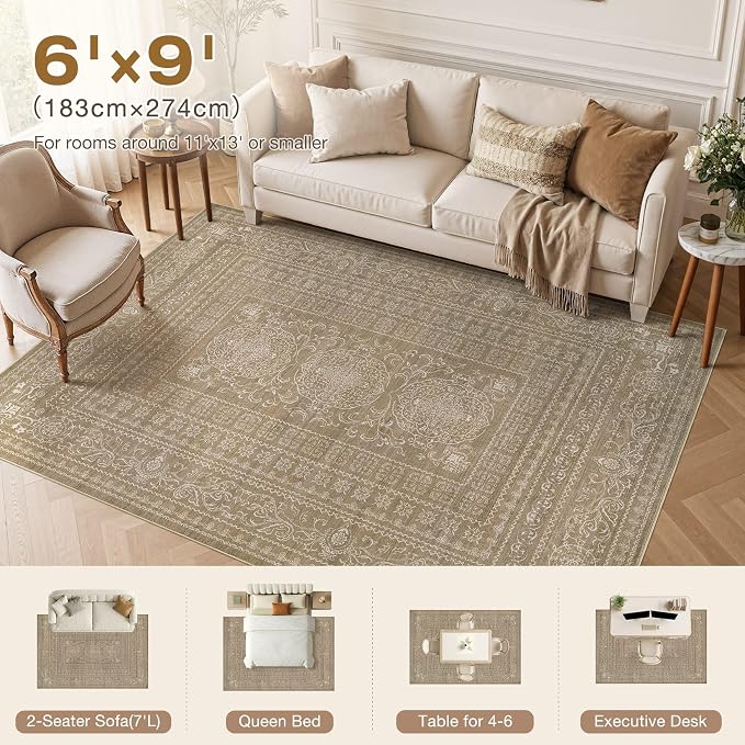 Nakagishi 6x9 Area Rugs Living Room: Washable Large Vintage Rug Neutral Non-Slip Soft Stain Resistant Indoor Carpet for Bedroom Nursery Dining Room Office Playroom - Dark Brown